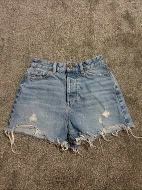 Zara High-Waist Distressed Denim Shorts - Light Blue